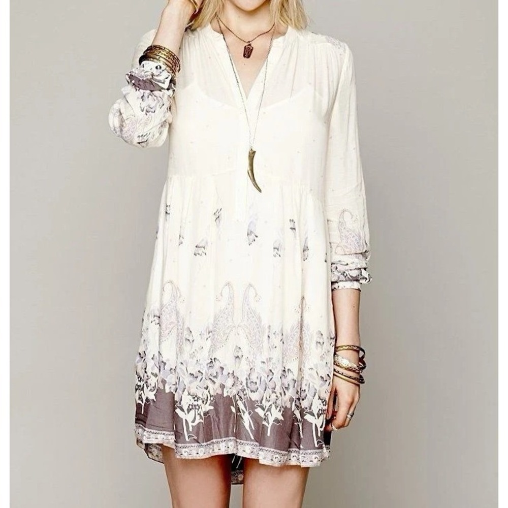 Free People Sierra Valley Ivory Floral V-Neck Long Sleeve Short Dress Size M